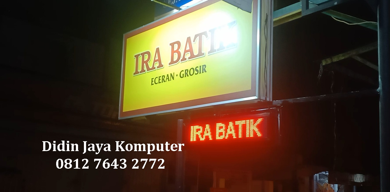 <p>Running text untuk Ira Batik Kediri menggunakan led warna merah. Kami menggunakan led dengan kualitas terbaik dengan harga yang lebih terjangkau. Led warna merah sangat digemari banyak orang karena tetap terlihat saat siang hari maupun malam hari. Kami juga mempunyai banyak varian pilihan warna yang dapat anda sesuaikan dengan selera anda.</p>